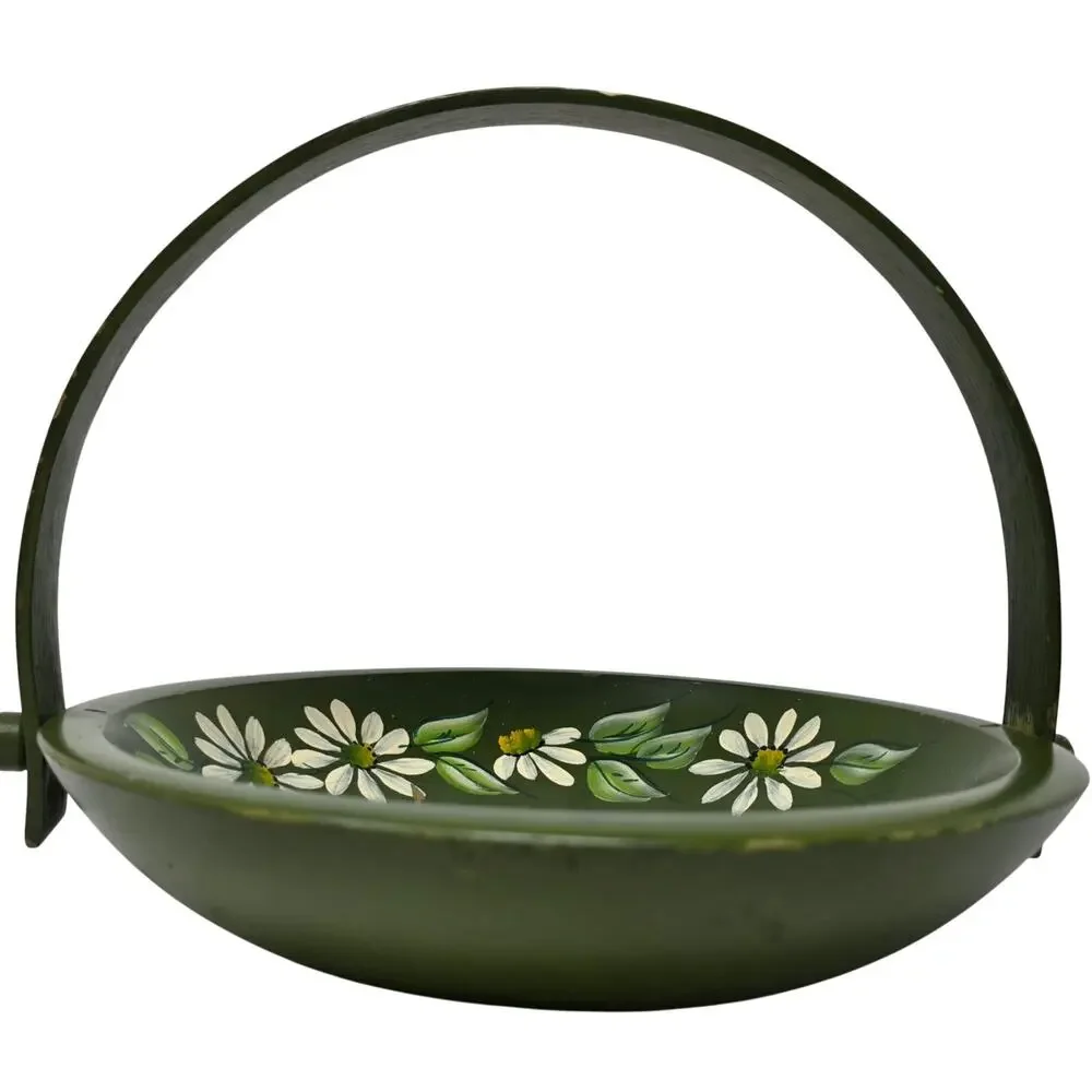 Vintage Hand Painted Wood Basket Green Daisy Folk Art Swing Handle